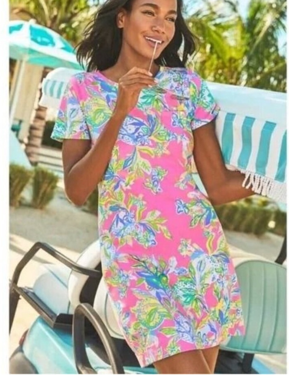 Lilly Pulitzer DeclanT-Shirt DressTropical Beach Floral Print Shift in Pink